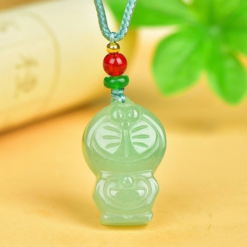 Aventurine Jade Pendant Natural Green Stone Necklace Pendants Retro Men Women Cartoon Cat Mascot Jewellery Charms Amulet Jewelry