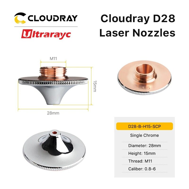Ultrarayc-boquillas láser de doble capa cromadas, calibre D28 H15, 0,8-8,0mm, para corte de fibra, Conusmables de cabeza de Metal