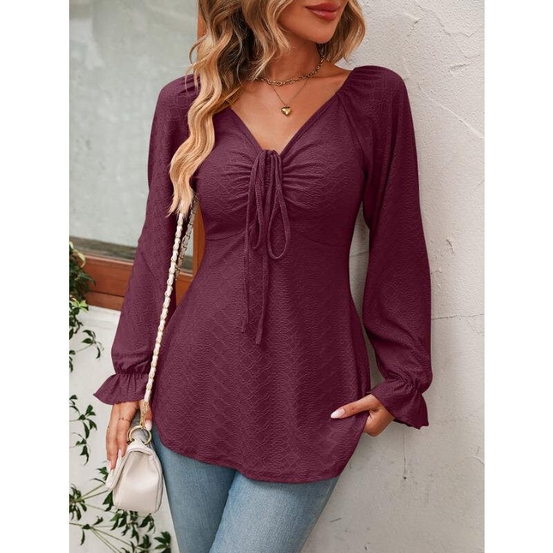 Spring and Autumn New Fashion Solid Color Women's Top Sexy V-neck Female Lace Up Drawstring Waist Long Sleeve T-shirt Pullover