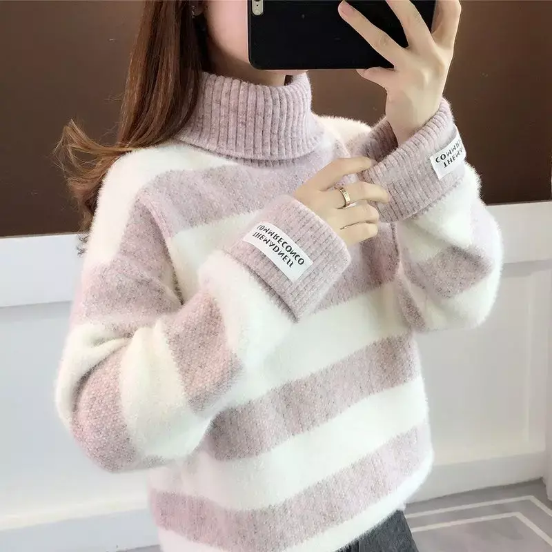 여성용 하이 칼라 두꺼운 스웨터, 루즈한 겉옷, 학생 따뜻한 모조 밍크 플리스 니트 언더레이, 가을 및 겨울 2023