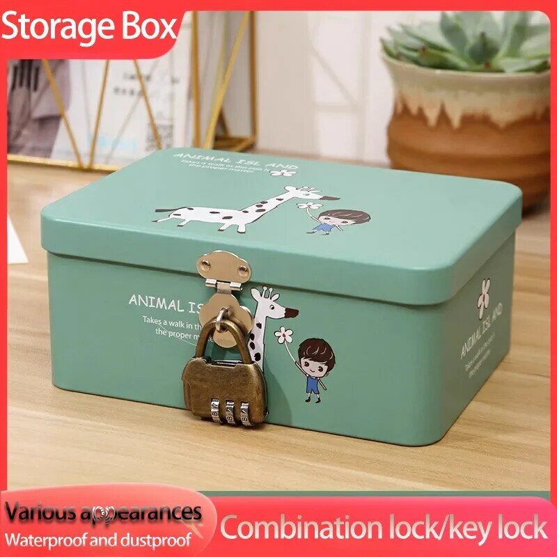 Lockable Storage Box for Children's Desktop, Senha, Ferro, Cosméticos, Joalheria, Dinheiro, Estudante, Crianças