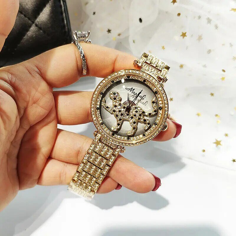 Relógios femininos de leopardo, de alta qualidade, quartzo, moderno, luxuoso, marca, relógio dourado, feminino, strass, pulseira à prova d'água