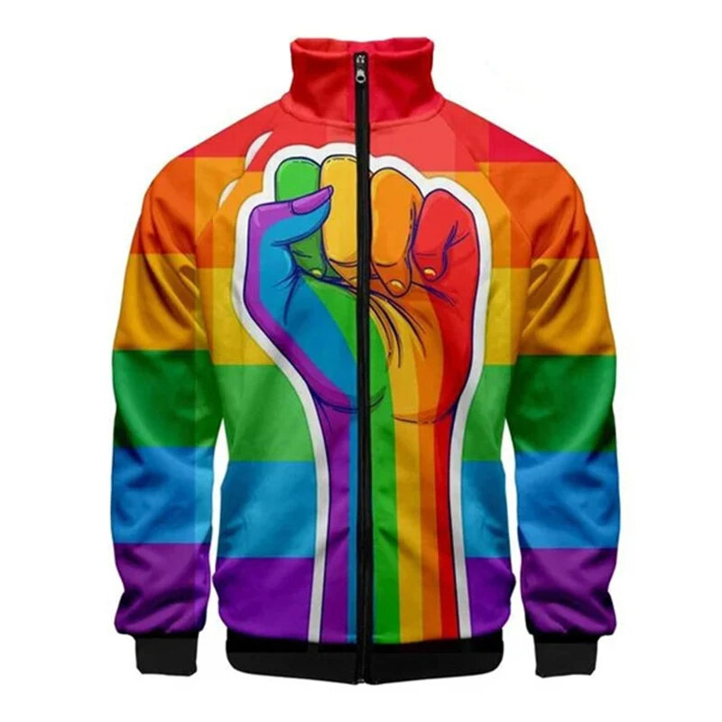 Jaqueta com zíper com bandeira arco-íris manga comprida, casaco gay gay, moda gay, lapela 3D, roupa casual, mais recente