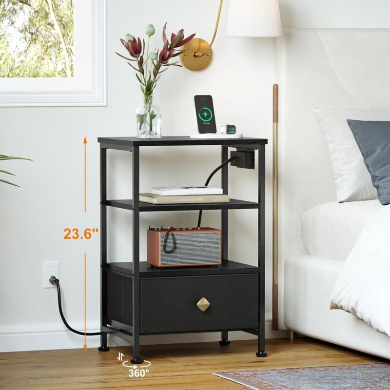 Bedside table with charging station, adjustable leather drawer, and three-layer open storage rack for bedroom bedside table