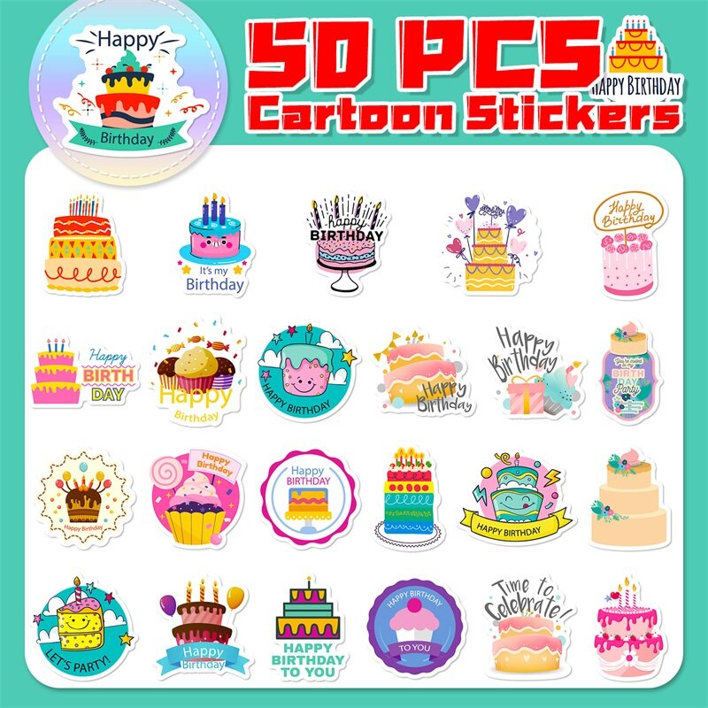 PVC Aesthetic Birthday Cake Sticker, Decoração das crianças, Scrapbooking, Papelaria coreana, Material Escolar para Crianças, 10 Pcs, 30 Pcs, 50Pcs