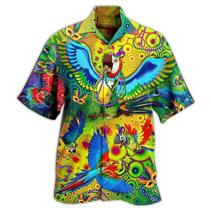 Homens e mulheres impresso em 3D camisa havaiana, flor, papagaio, único peito, manga curta, roupas da moda