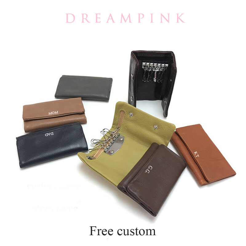 Free custom letter leather bag key case new coin purse key chain clip with inner ring fashion high-grade leather key wallet