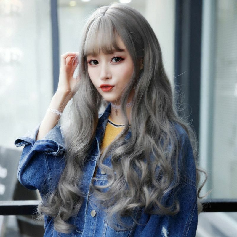 Grosir Wig cokelat abu-abu Korea Jepang Wig kecantikan poni udara rambut keriting panjang gelombang besar realistis penutup kepala rambut panjang wanita