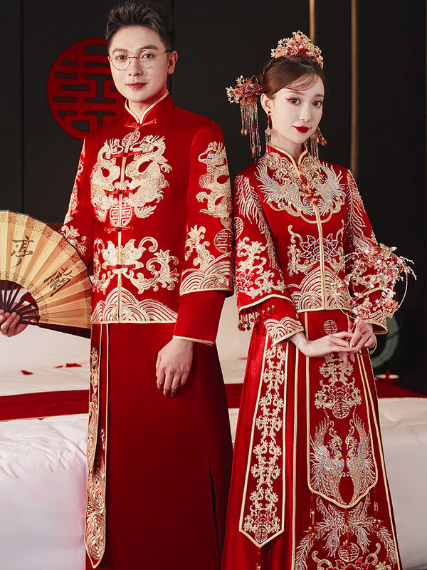 Phoenix pakaian pernikahan wanita, gaun Cheongsam bordir bersulang pernikahan elegan