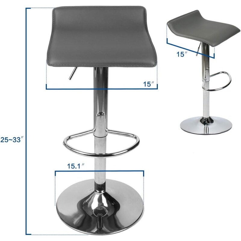 Conjunto de cadeira de bar de 2, banquetas ajustáveis e apoio para os pés, PU couro e base cromada com encosto, cadeira de bar