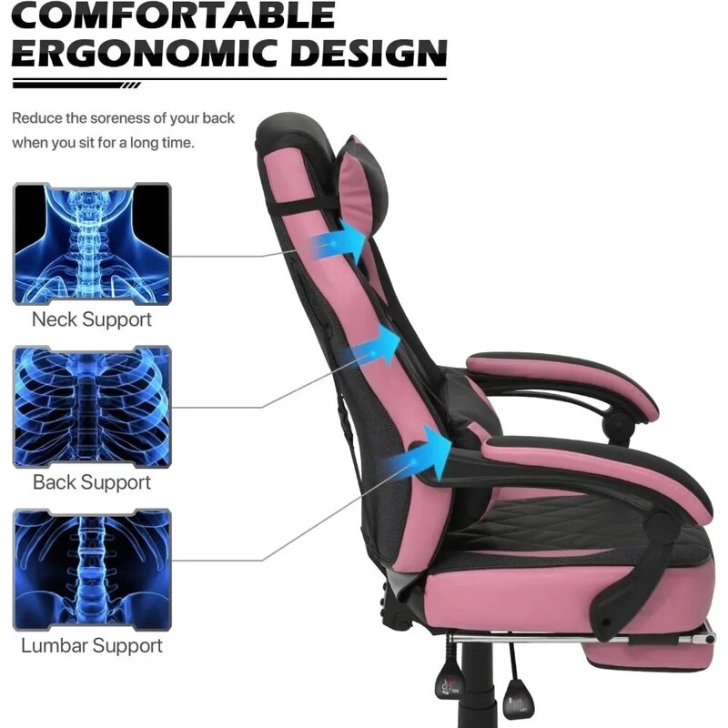 Chaise de jeu ergonomique avec pouf rétractable et support lombaire amovible, cuir PU, appuie-tête