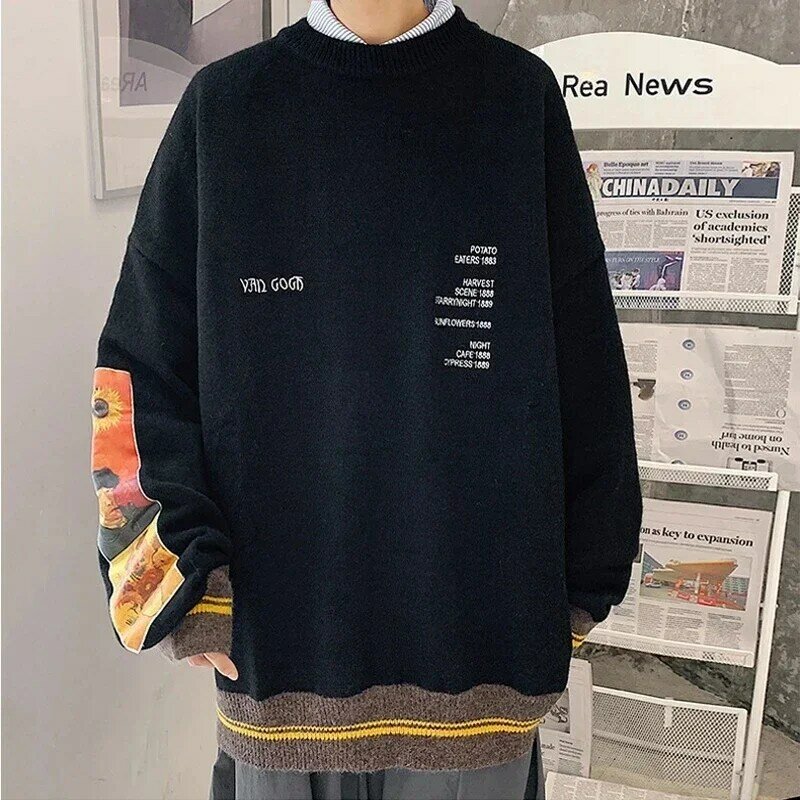 Мужской Хлопковый пуловер с вышивкой, Черный винтажный трикотажный свитер с вышивкой в стиле хип-хоп, с рисунком Ван Гога, осень 2022