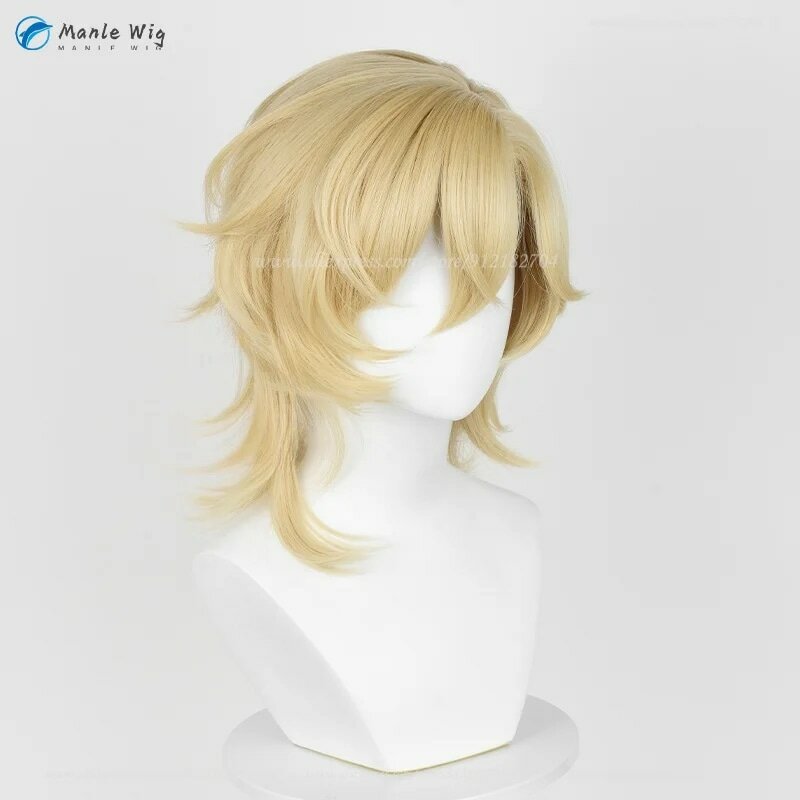 Wig Anime Aventurine 40cm, Wig Cosplay emas pendek, anting-anting, properti tahan panas, rambut sintetis, Wig Halloween + topi Wig