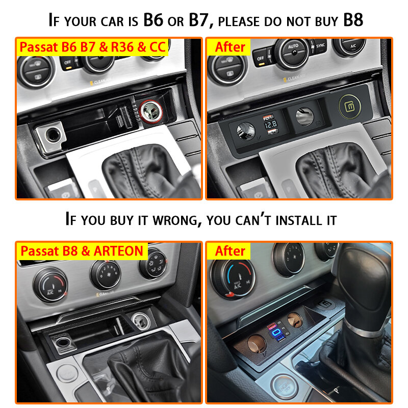 Автомобильное зарядное устройство для VW Passat B6/ B7/ B8/ ARTEON/ CC/ R36, Разветвитель Прикуривателя быстрой зарядки, один для двух моделей QC4.0QC3.0PD TypeC