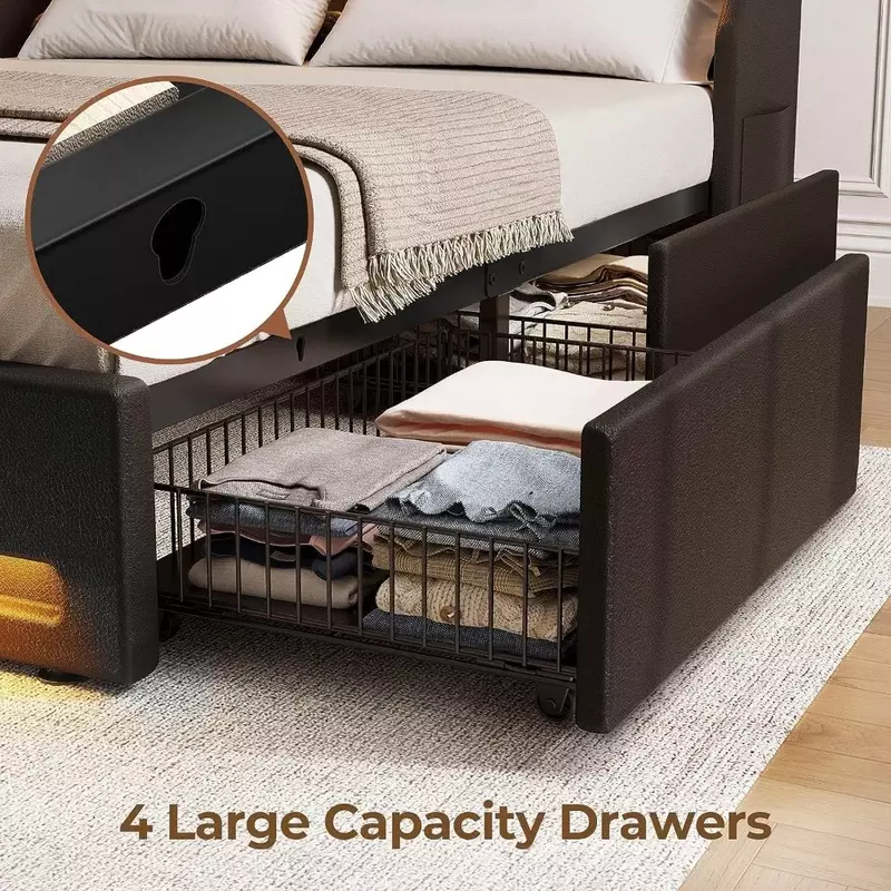Rama łóżka podwójnego z oświetleniem LED i stacją ładującą, łóżko tapicerowane z szufladami, deski drewniane, bezgłośne i łatwe w montażu
