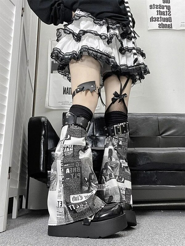 Y2k Subculture Leg Long Black White Vintage Punk Print Harajuku Socks New Knee Sleeves Fashion Cosplay Cool Legs Warmer