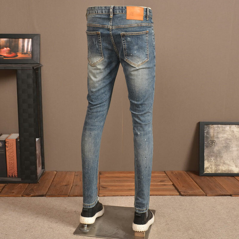Fashion celana jins pria Streetwear, Jeans Retro biru elastis Skinny Fit robek celana panjang berlubang Pria celana Denim desainer Vintage