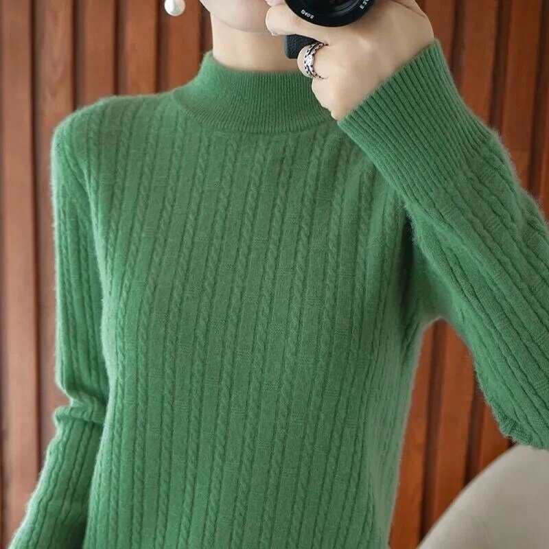 Sweter damski 2023 jesienno-zimowy jednolity pulower z okrągłym dekoltem na wiosnę ciepła, Slim długa koszula swetry z długim rękawem na co dzień