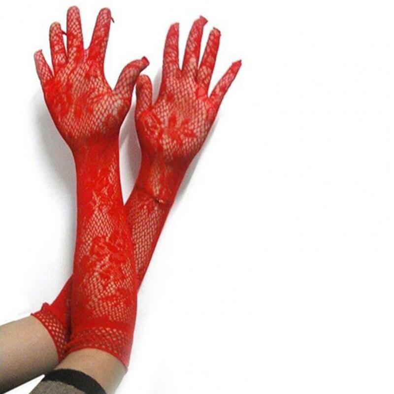 Seksowna koronkowa rękawiczki damskie sukienka elastyczna kwiatowa haftowana rękawiczki ślubne pełna Finger ślubna długie rękawiczki łokieć