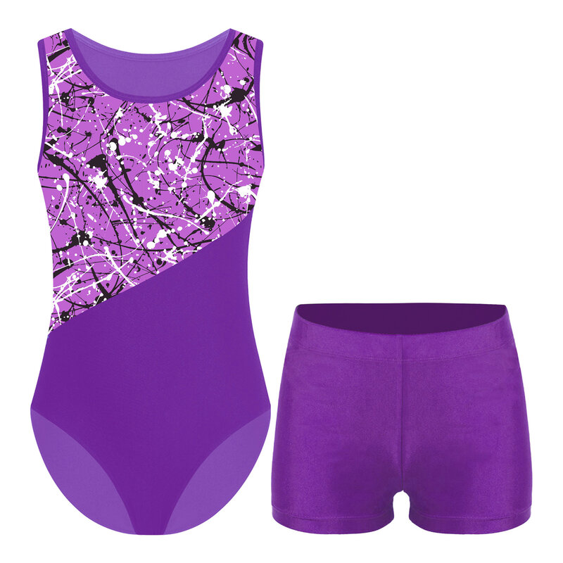 Two Pieces Kids Unisex Boys Girls Gymnastics Geometric Print Leotard Sleeveless Bodysuit with Shorts for Performance Competition