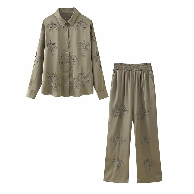 Ensemble chemise et pantalon aviateur perlés pour femme, costume femme, littérature, mode, 2 pièces, 2024