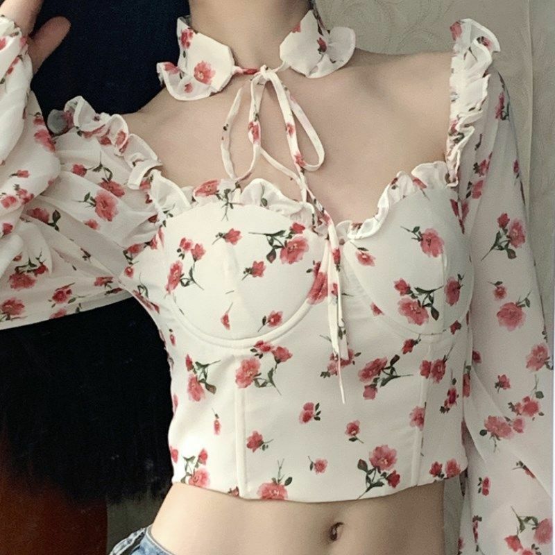Camisa corta ajustada con cuello cuadrado para mujer, camisa Sexy con flores fragmentadas para club nocturno, verano, 2024
