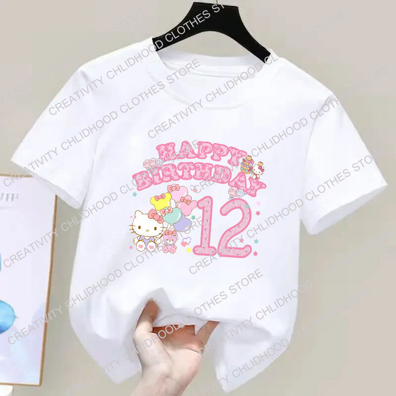 Koszulka Hello Kittys urodziny dzieci numer 123456789 Kawaii Anime T-shirty z kreskówek odzież codzienna koszulka Top dla dziewczynki