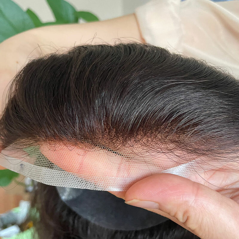 Szwajcarska koronka przednie peruka męska ludzkie włosy z miękkie cienkie systemem włosów zapętlonym w kształcie V prawdziwe ludzkie włosy tupecik zastępujący kawałki