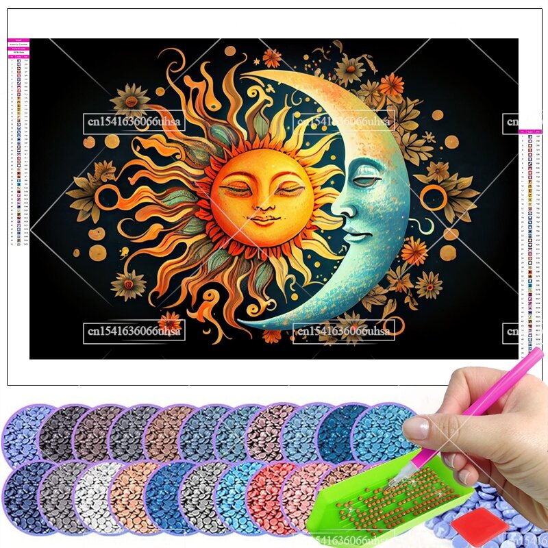 Kits de pintura de diamantes 5D, dibujos de taladro completo, sol, luna, mosaico de diamantes, manualidades, costura, bordado, carteles colgantes de pared