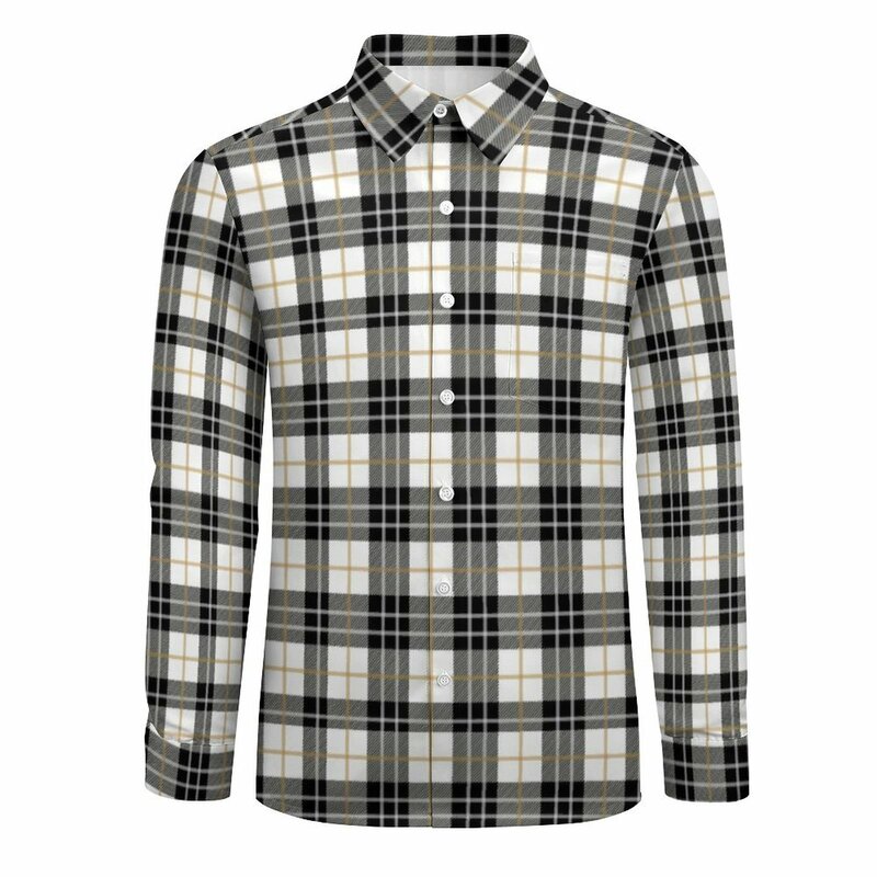 Camisa xadrez casual masculina, estampa linhas retrô, camisa respirável, novidade outono, manga longa, roupas de grandes dimensões DIY, branco, preto, outono