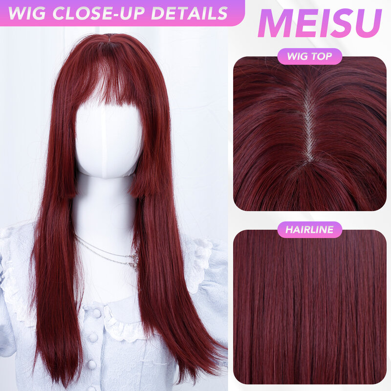 Meisu-長く滑らかなフリンジの女性用ウィッグ、深い赤、合成繊維、耐熱性、自然なパーティー、自撮り、22インチ