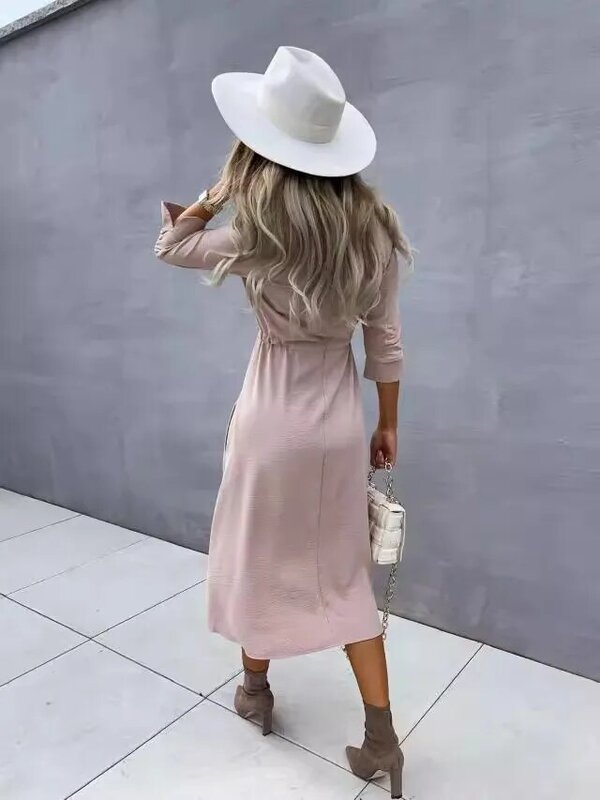 Women's clothing new fashion tie waist cinching mid sleeved dress loose casual commuting temperament versatile clothing