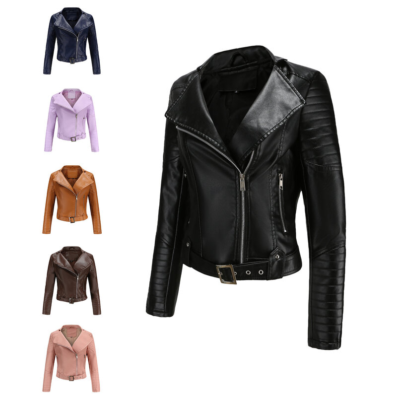 2024 Women's Long Sleeve Zipper and Lapel with Belt Short Motorcycle PU Leather Jacket