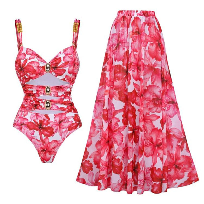 Traje de baño de una pieza para mujer, conjunto de Bikini de flores con estampado de volantes, falda de playa, traje de baño de poliéster, vestido Maxi
