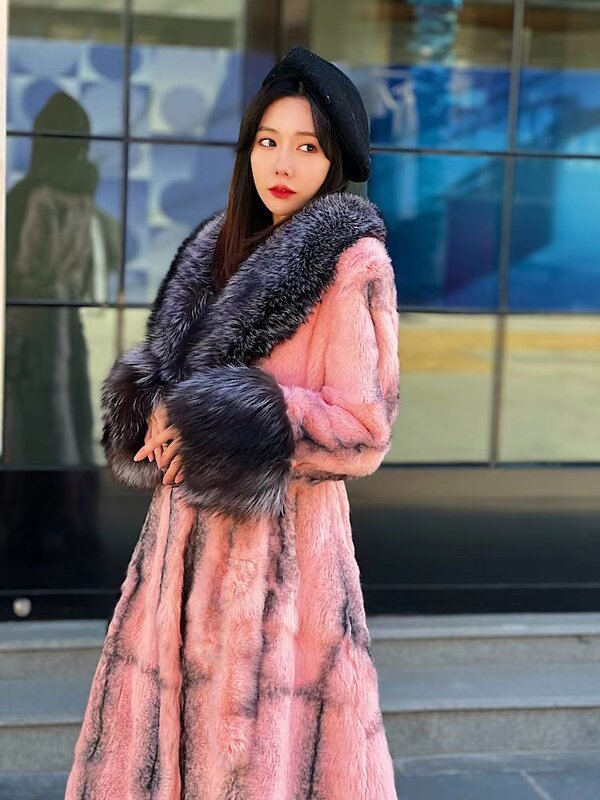 Abrigo largo de piel auténtica de alta gama para mujer, chaqueta cálida con estampado de piel de conejo, estilo de moda, invierno, 2023