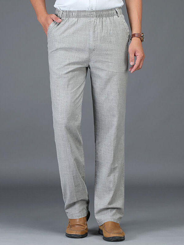 Calça masculina de linho monocromática empresarial com bolsos, calça casual masculina, moda respirável, calças macias e confortáveis, plus size, 5XL, nova