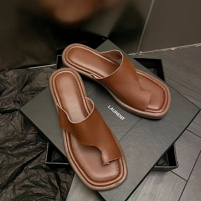 Cowhide Flip-flop Lady Summer New Solid Color Square Toe Modern Slippers Women Outdoor Shoes Korean Chic Low Heel Slides Female