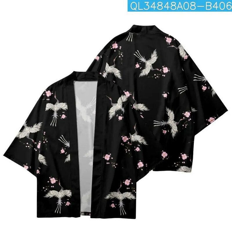 แฟชั่น Crane พิมพ์ญี่ปุ่น Cardigan Coat ผู้หญิงผู้ชายแบบดั้งเดิมเสื้อผ้า Harajuku คอสเพลย์เสื้อ Yukata Haori Beach Kimono
