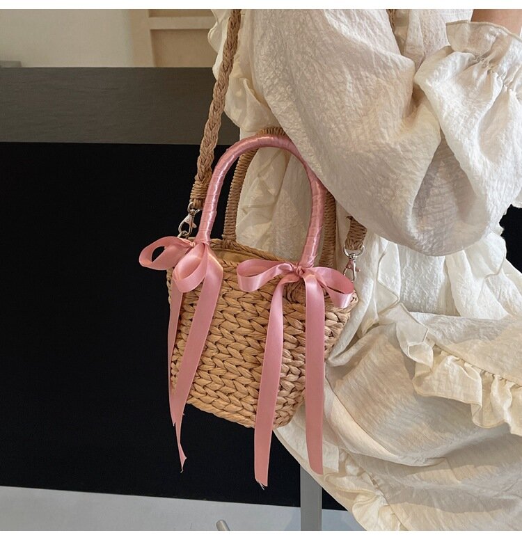 Tas tangan wanita Tote jerami desain busur trendi dan tas selempang bahu tas genggam Messenger wanita pantai musim panas baru