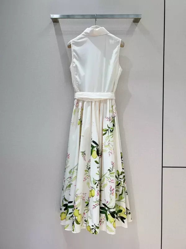 Cotton Self Bow Tie New Summer Sleeveless White Lemon Floral Position Print Vest Women Midi Dress