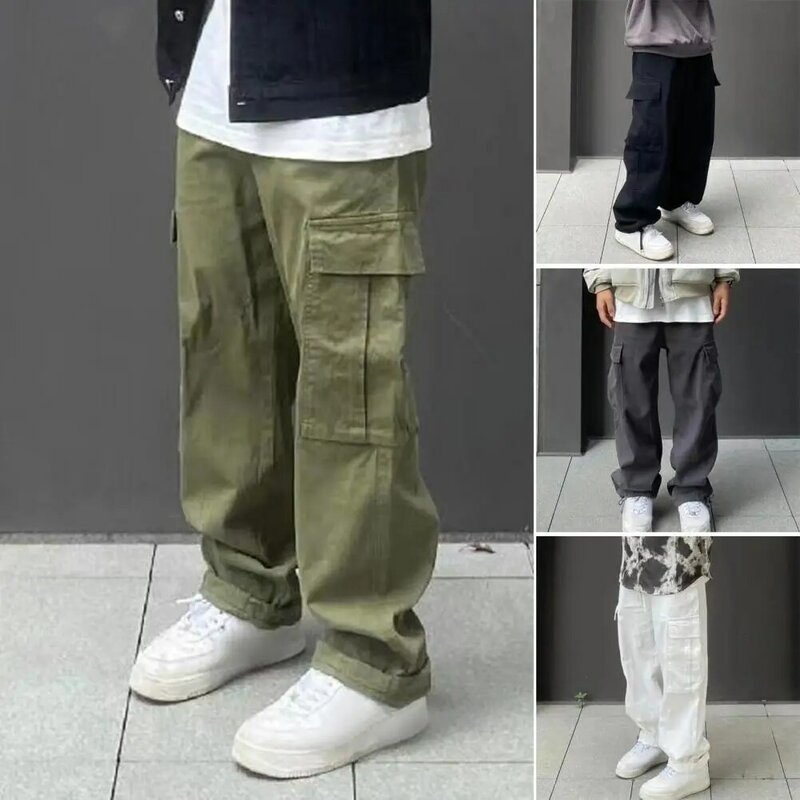Pantalones Cargo con cintura elástica para hombre, pantalones de pierna recta Retro con múltiples bolsillos, piernas anchas sueltas, Color sólido