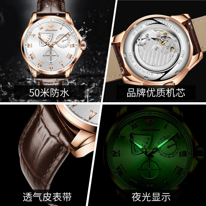 JSDUN Original Automatic Mechanical Watch for Men Multifunctional Textured Dial Waterproof Luxury Business Mans Wristwatch 8921