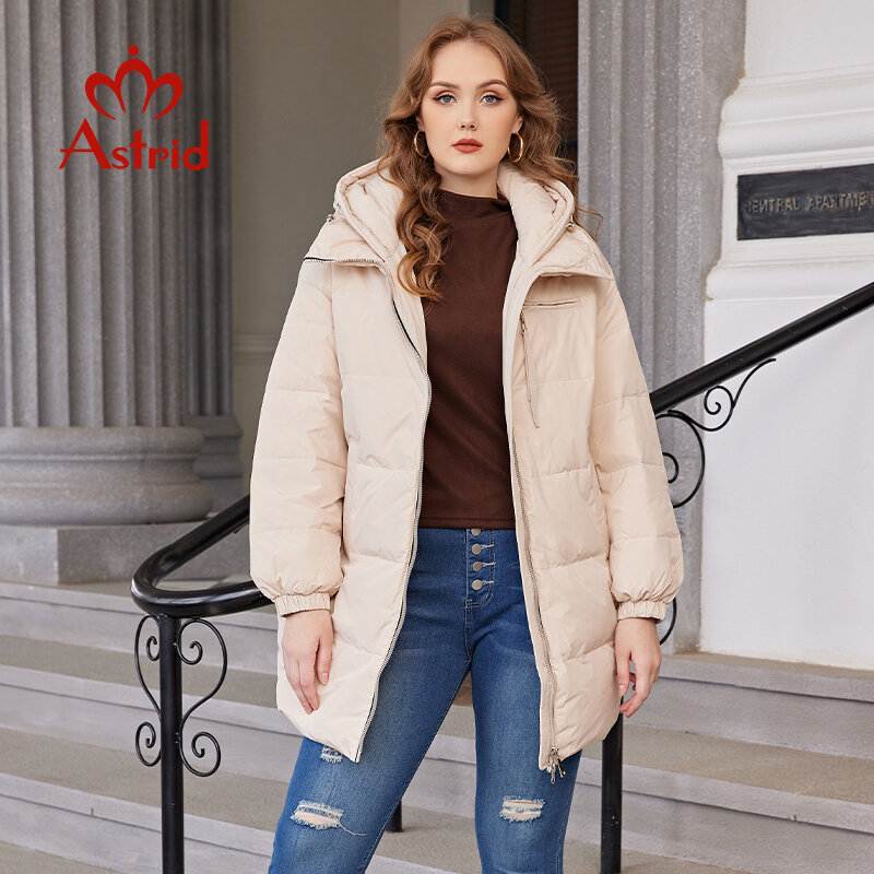 Astrid-mid-long jaqueta com capuz para as mulheres, parka solta, estilo simples e casual, tamanho grande, bom para o inverno, novo