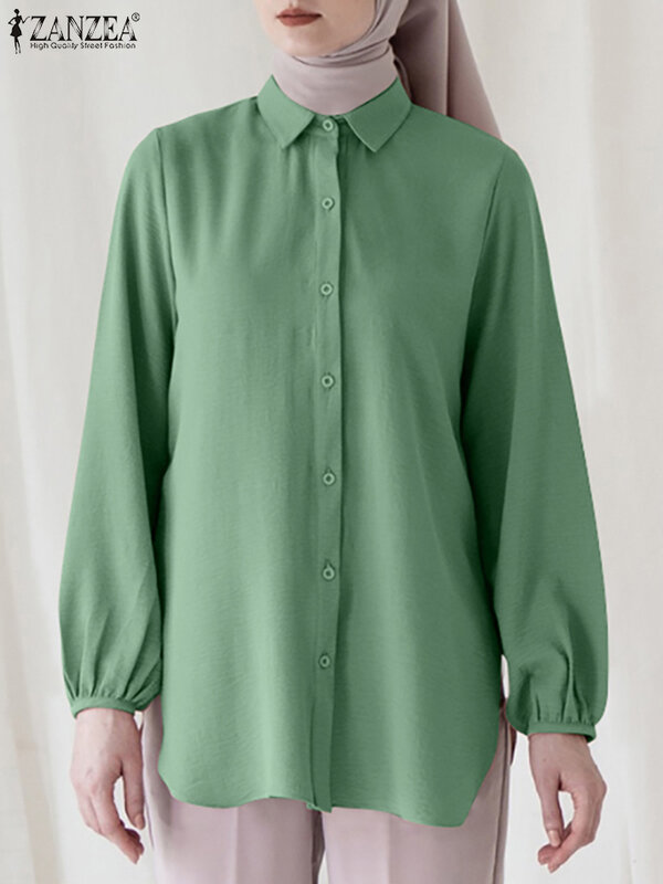 ZANZEA musulmana-Blusa de manga larga con cuello de solapa para mujer, camisa elegante con botones sólidos, ropa islámica, Tops Abaya, moda de otoño