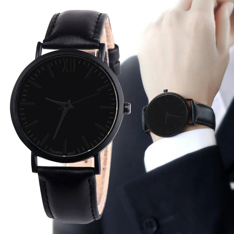 นาฬิกาข้อมือควอตซ์สีดำสำหรับผู้ชายสายหนังนาฬิกาควอตซ์แบบแอนะล็อกสำหรับผู้ชาย
