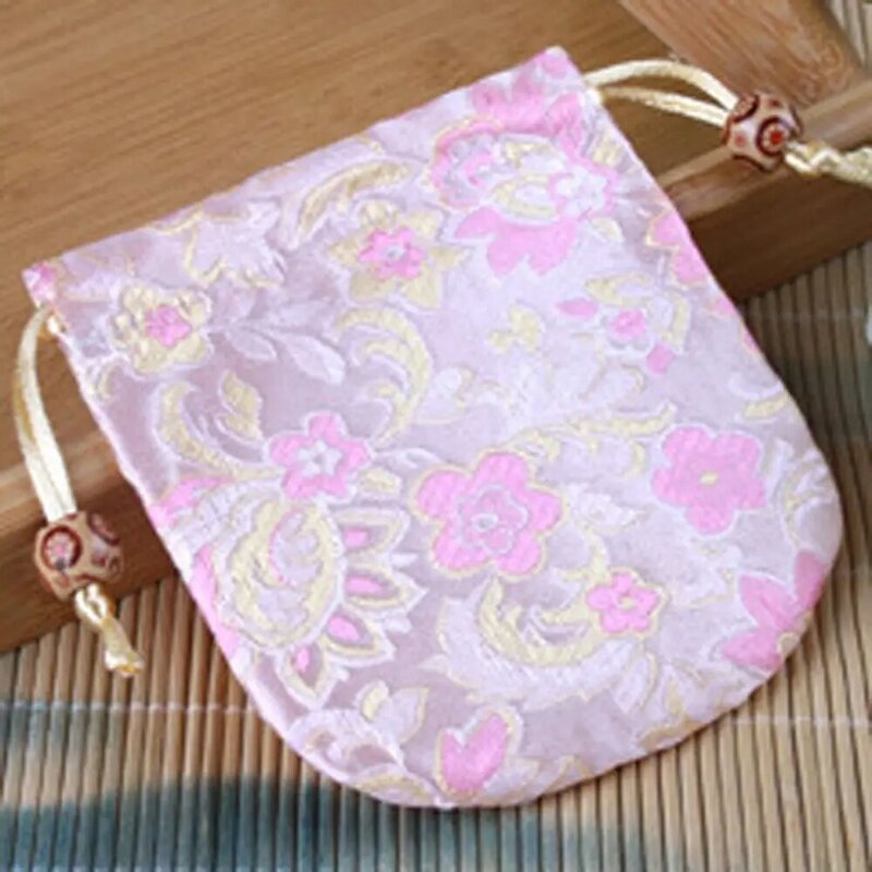 Bolsa con cordón de flores bordadas de estilo chino, bolsa de embalaje de joyería, bolso de mano de flores de lona con cuentas, estilo étnico Floral