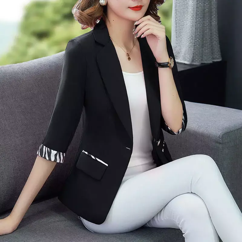Pockets Button Blazers Skinny Three Quarter Sleeve Solid Color Formal Office Lady Casual Spring Summer Women's Clothing Z249