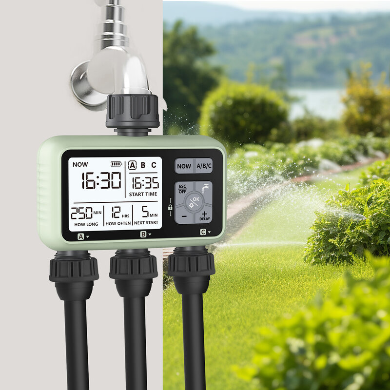 Eshico Digital Garden Sprinkler, temporizador de água 3-Outlet, programa de controle independente, mais novo, 2024