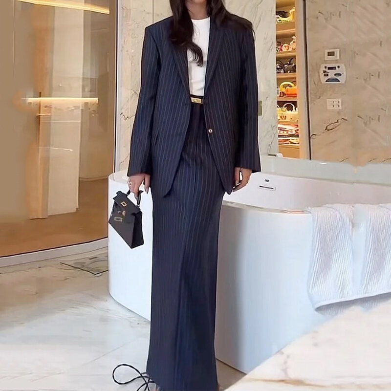 LIYONG-Top de blazer estampado listrado feminino e conjunto de saia reta, manga comprida, lapela, botão duplo, streetwear de 2 peças, outono