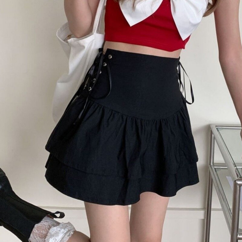 Spódnice trapezowe dla kobiet czarna solidna odzież dla młodych dziewcząt lato główna ulica moda koreański styl Mini seksowna suknia balowa nowy projekt